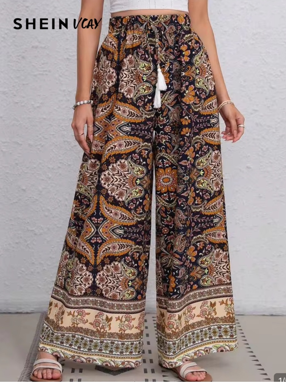 NWT SHEIN VCAY Paisley Print Tassel Tie Waist Wide Leg Pants Size Medium